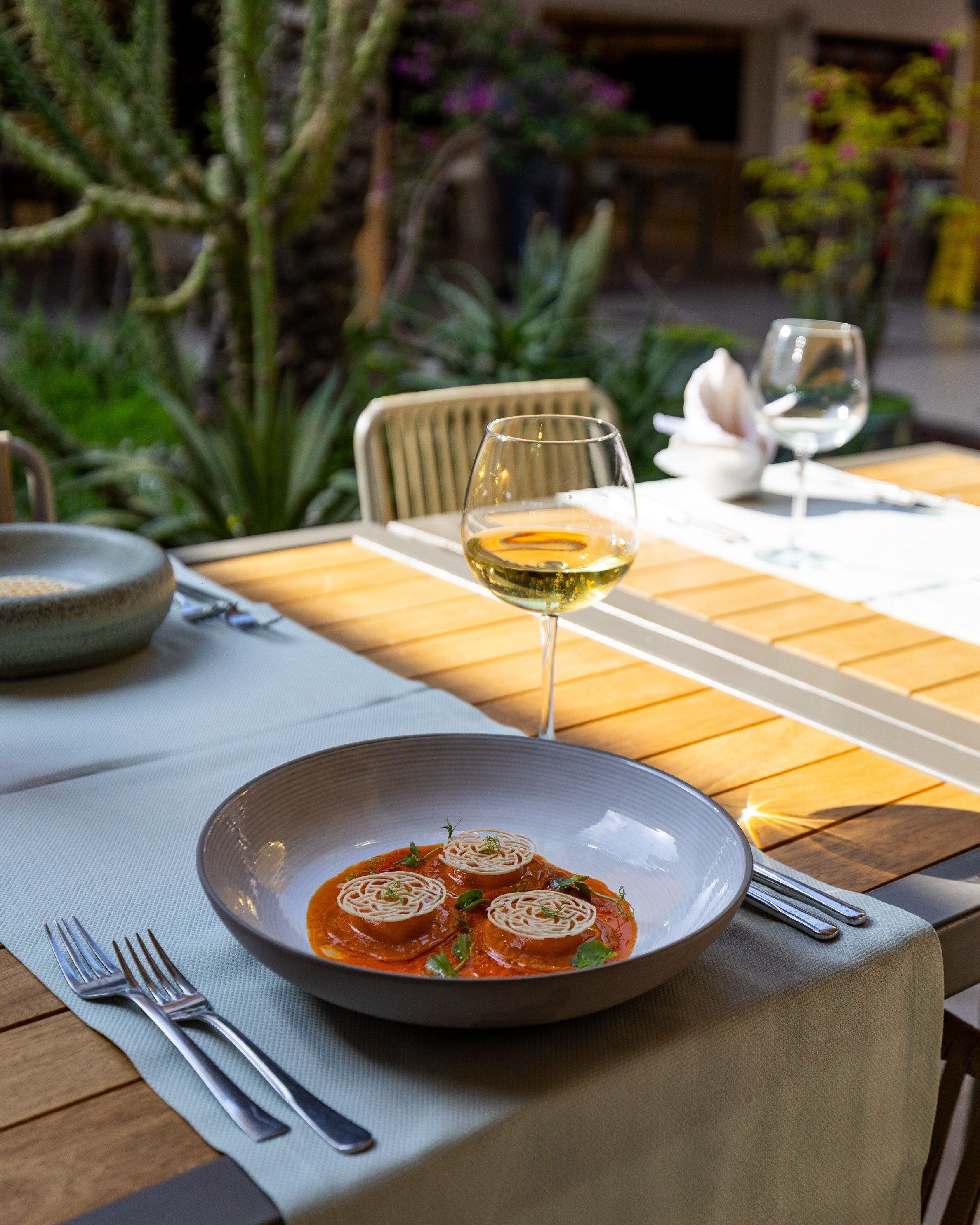 Guests dining in the garden